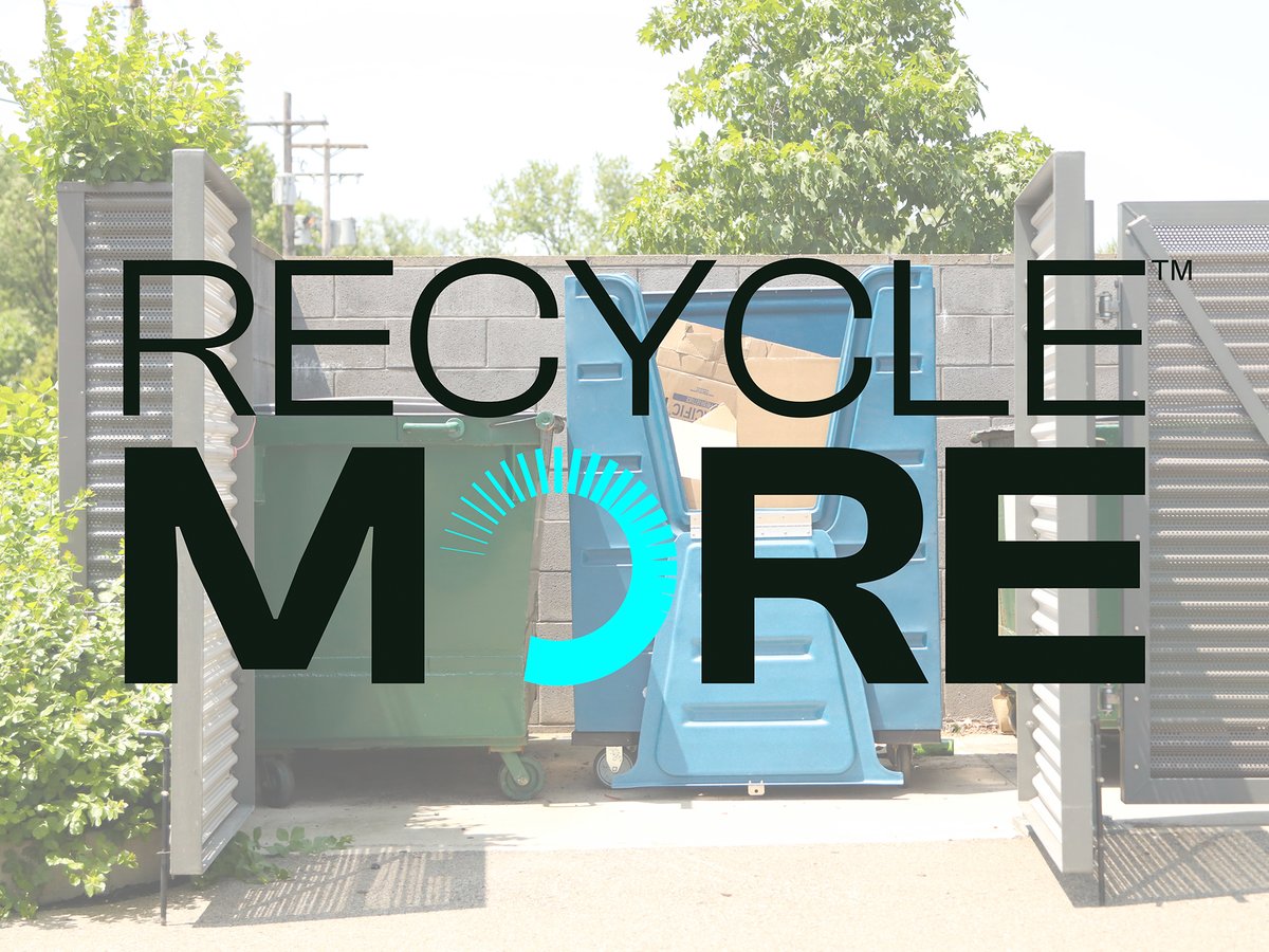 dumpster and recycling bin in a corral with the RecycleMore logo overlaid