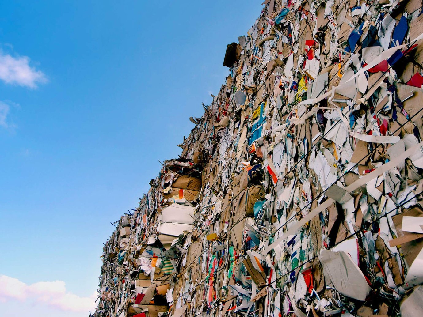 high stacks of baled cardboard