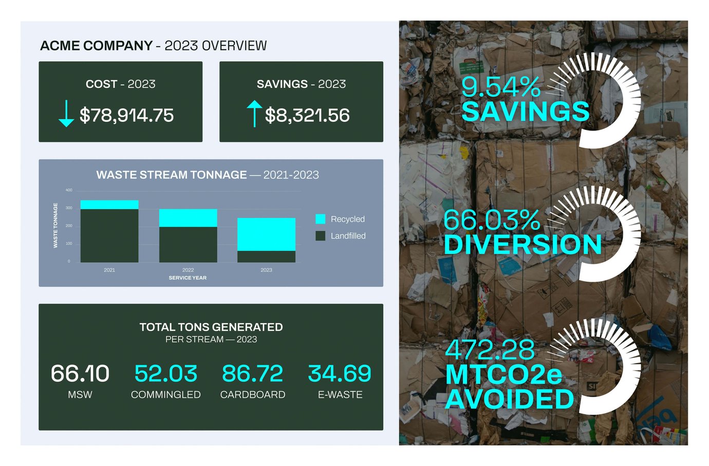 A sample report of ESG and Financial charts and statistics