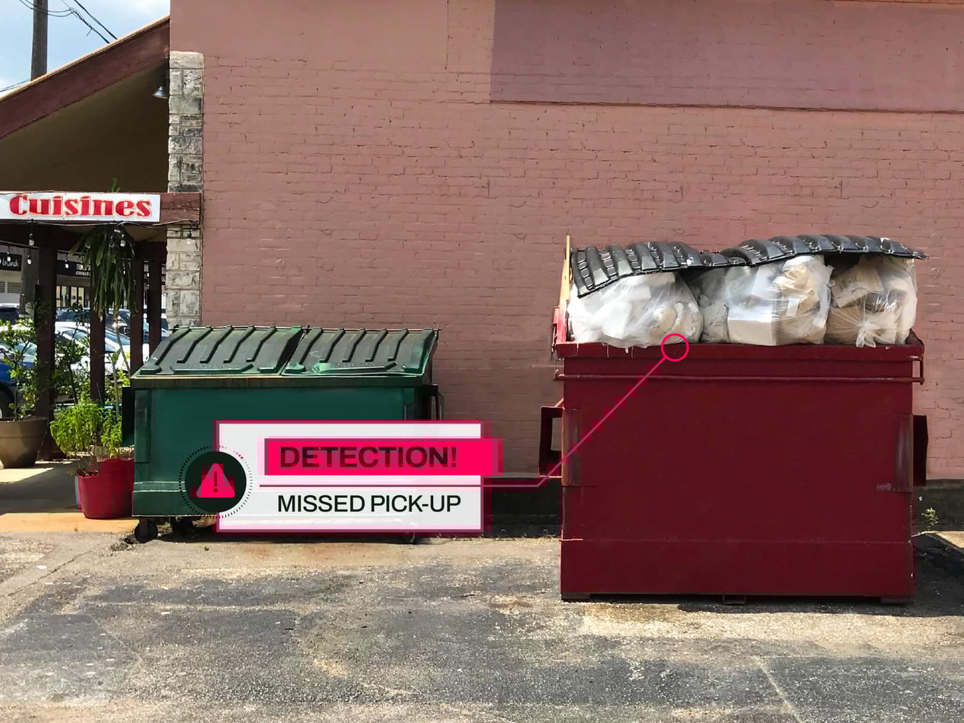 an overflowing dumpster with a graphic overlay that says