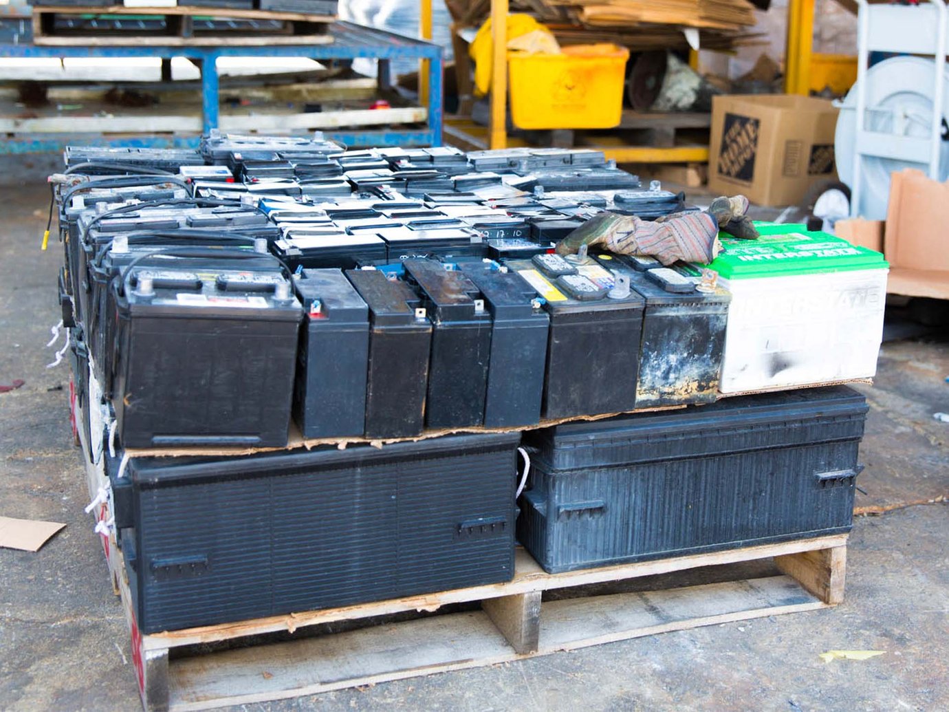 a pallet of car batteries